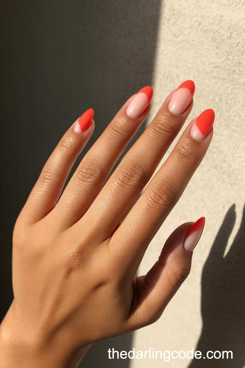 Coral And Nude Pink Color Block Oval Nails