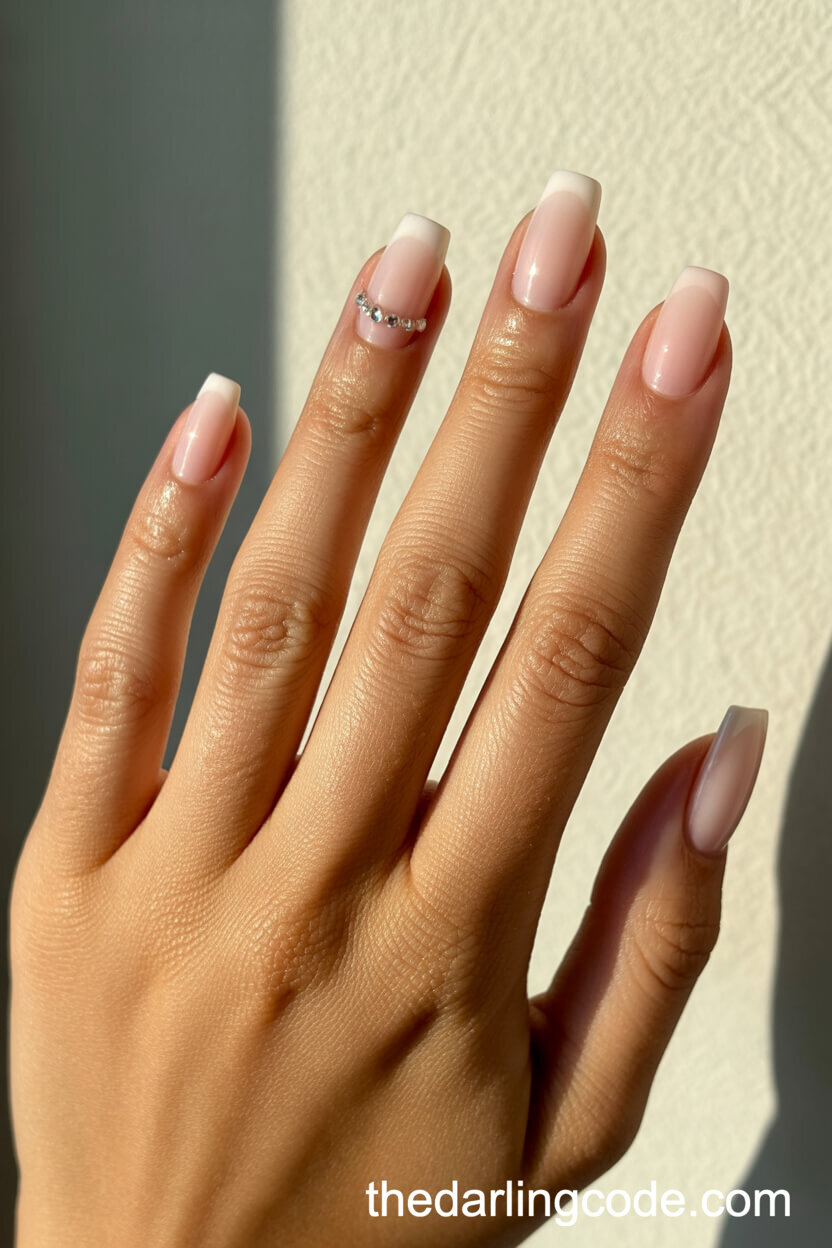 Soft Pink Ombré Square Nails With Crystal Accents
