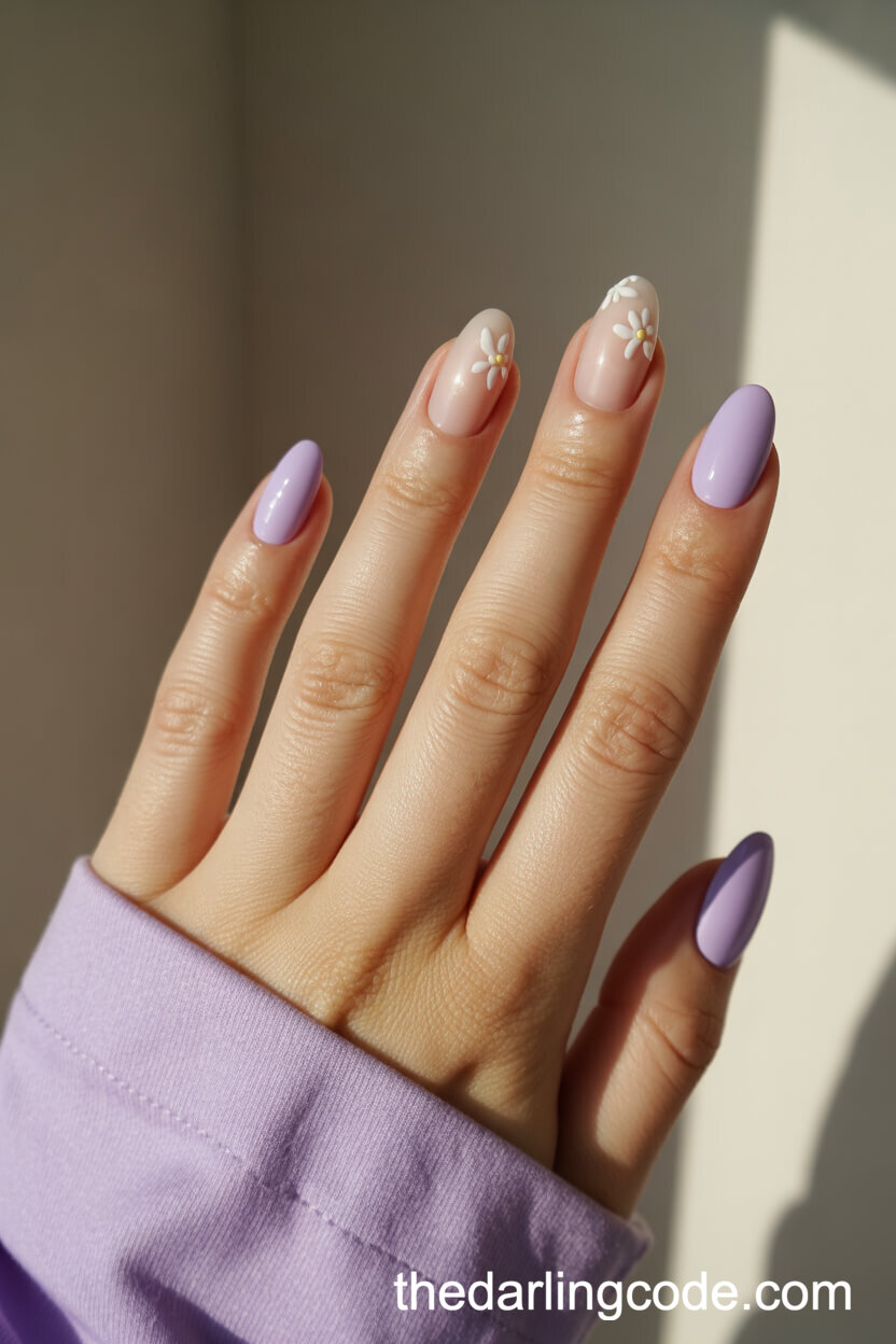 Lavender Oval Nails With 3D White Floral Details
