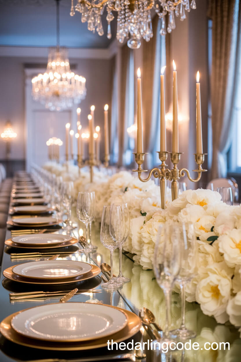 Elegant Ballroom Wedding Table With Gold-Rimmed Plates