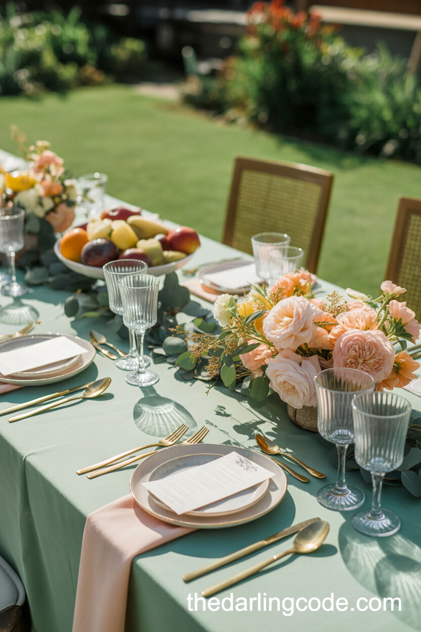 Brunch-Style Wedding Table With Mint Green And Peach Accents