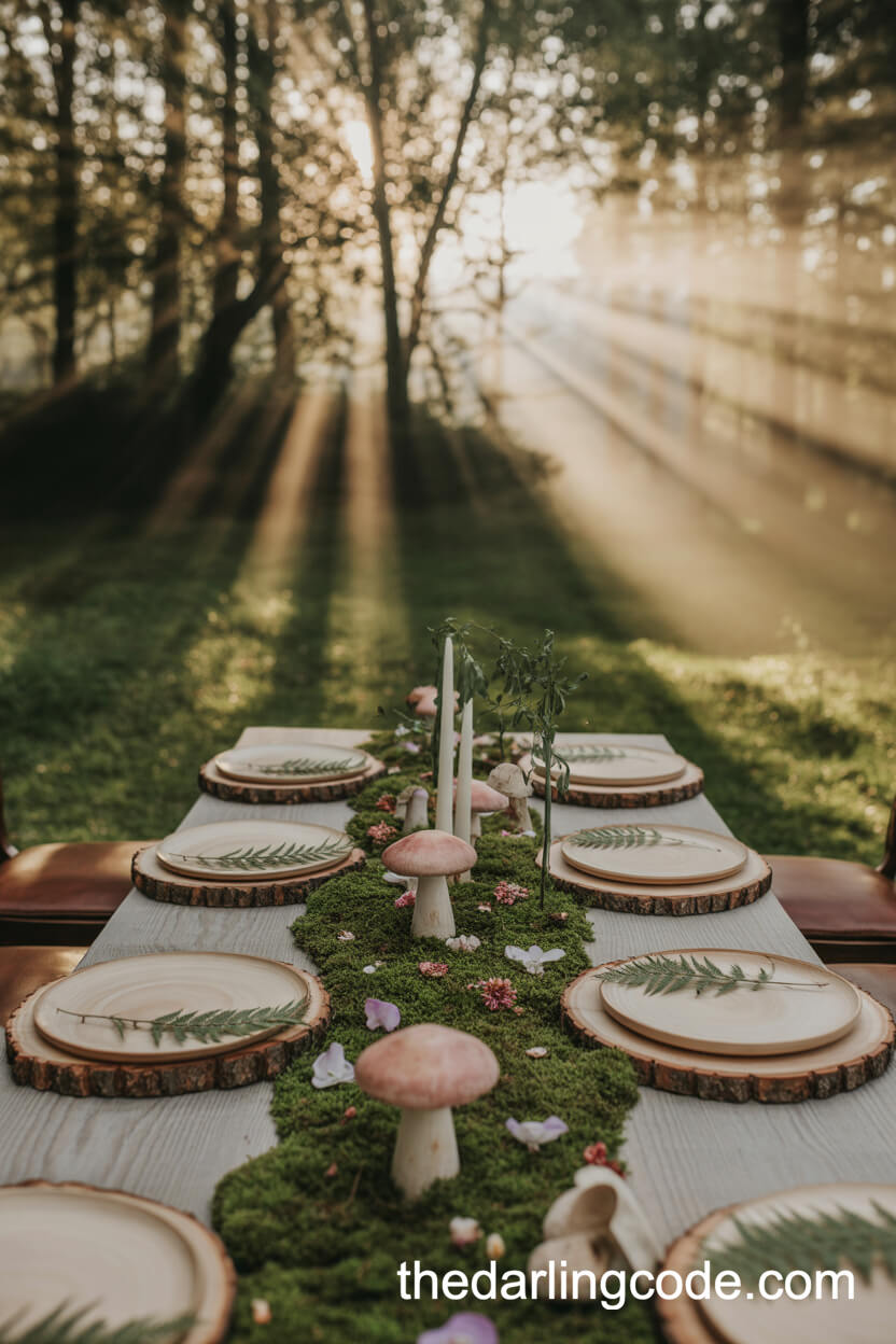 Enchanted Forest Wedding Table With Moss And Mushroom Decor