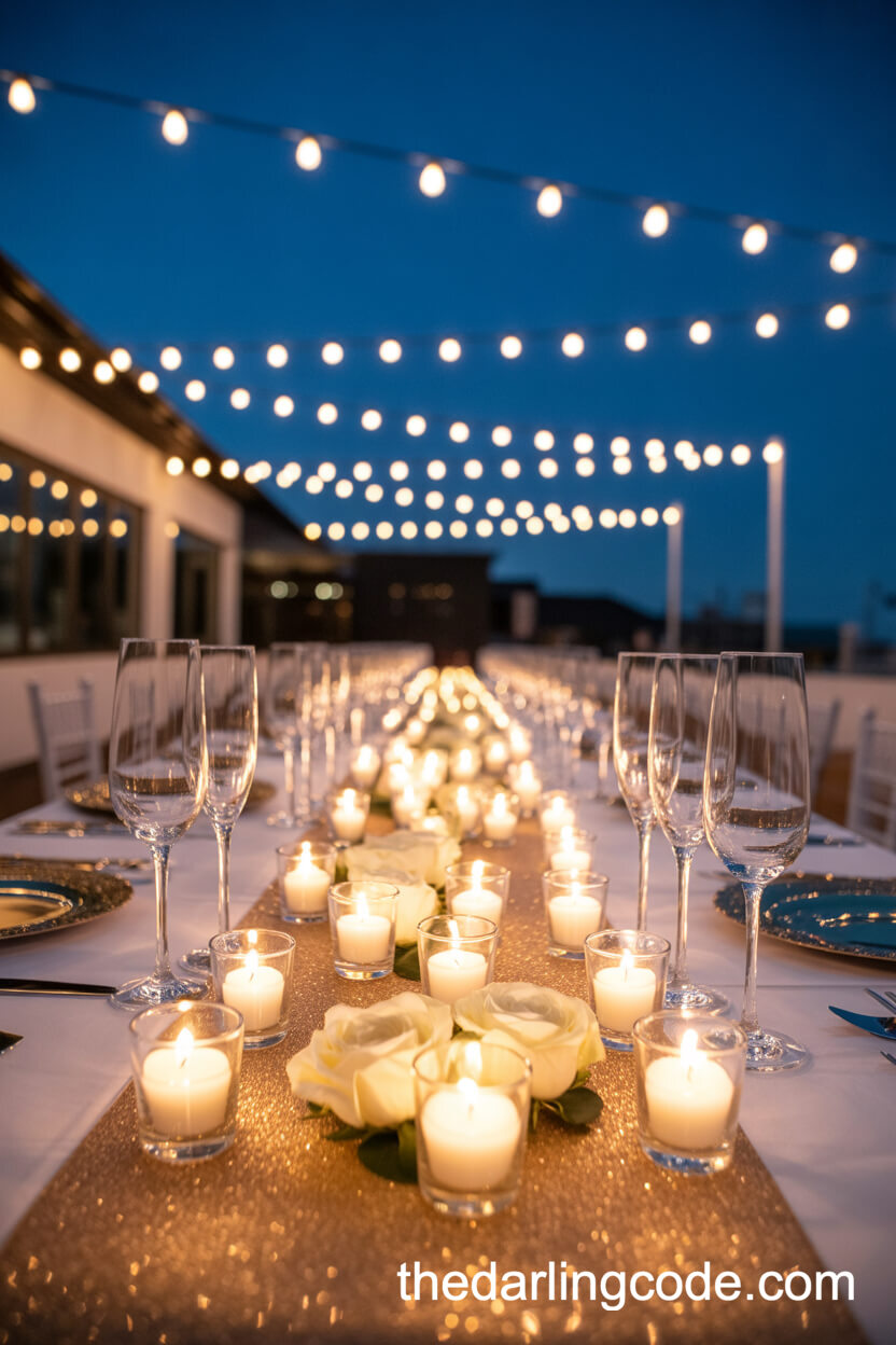 Romantic Evening Patio Table With Candlelight And Gold Glitter