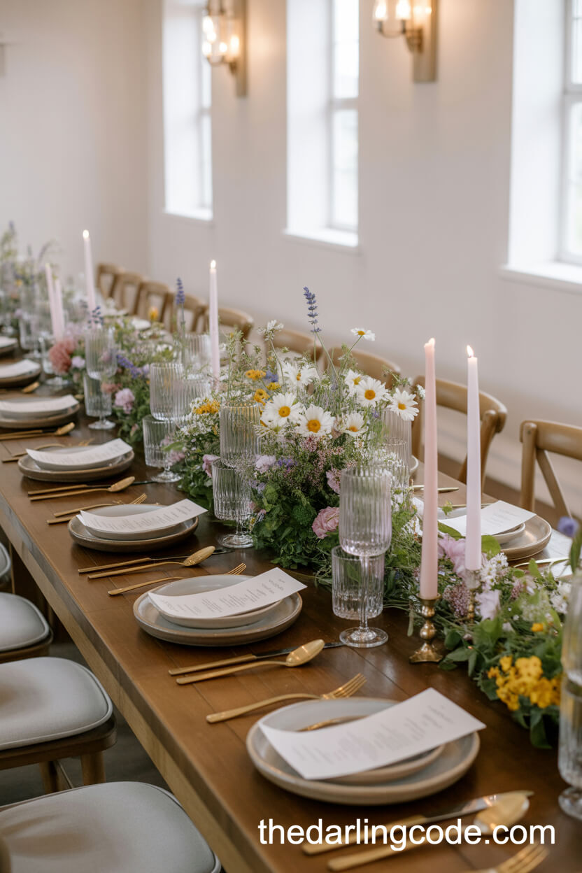Rustic Barn Wedding Table With Wildflower Arrangements