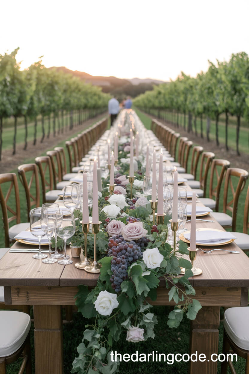 Vineyard Wedding Table With Cascading Greenery And Grapes