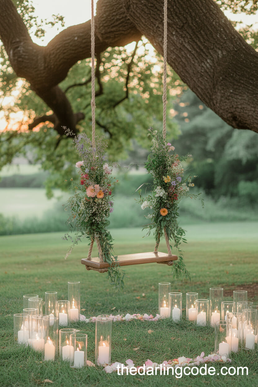 Wildflower-Decorated Swing For Romantic Wedding Photos