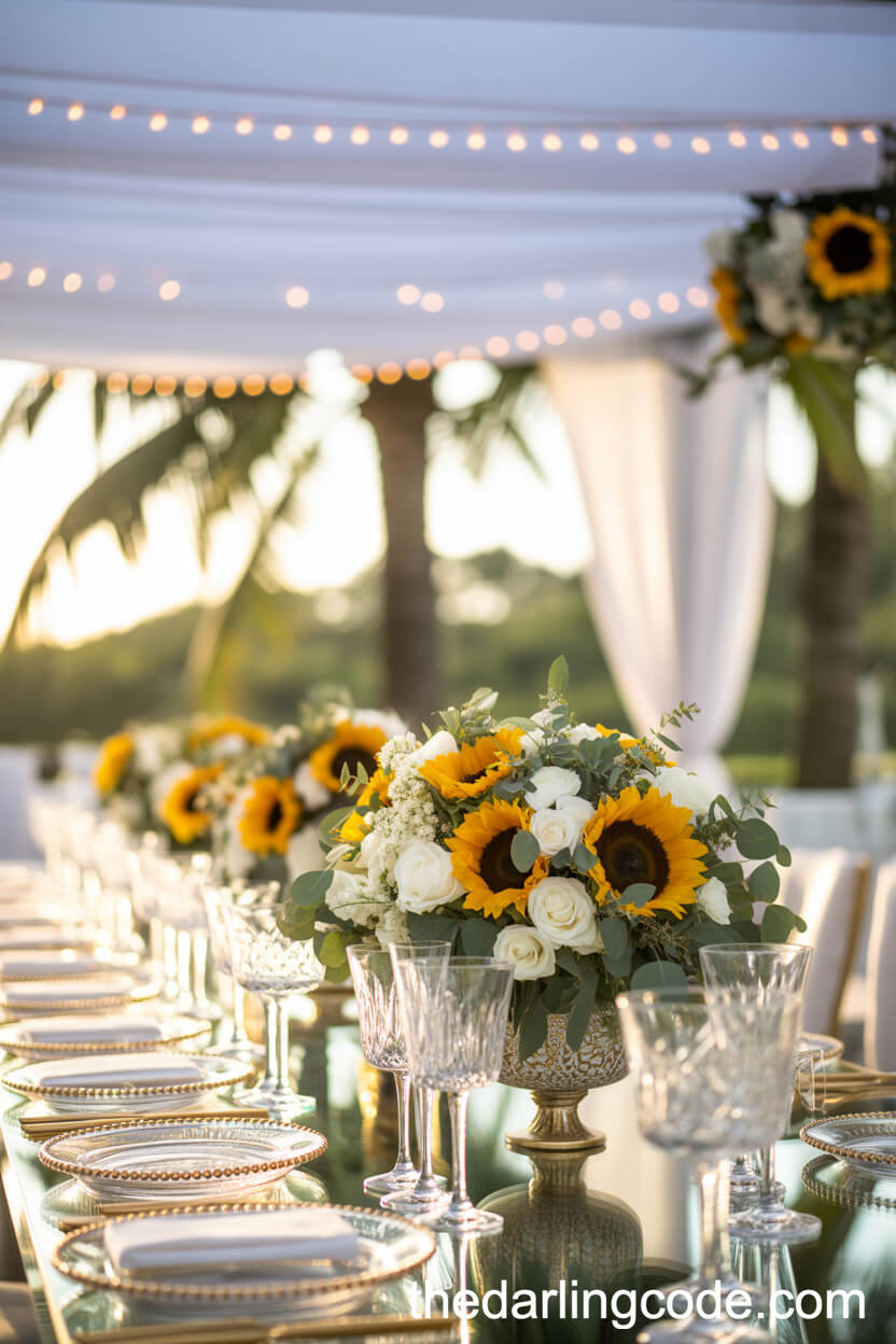 Luxurious Summer Wedding Table With Sunflower And White Rose Centerpiece