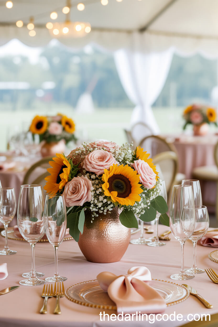Blush-Themed Wedding With Sunflower And Pink Rose Centerpieces