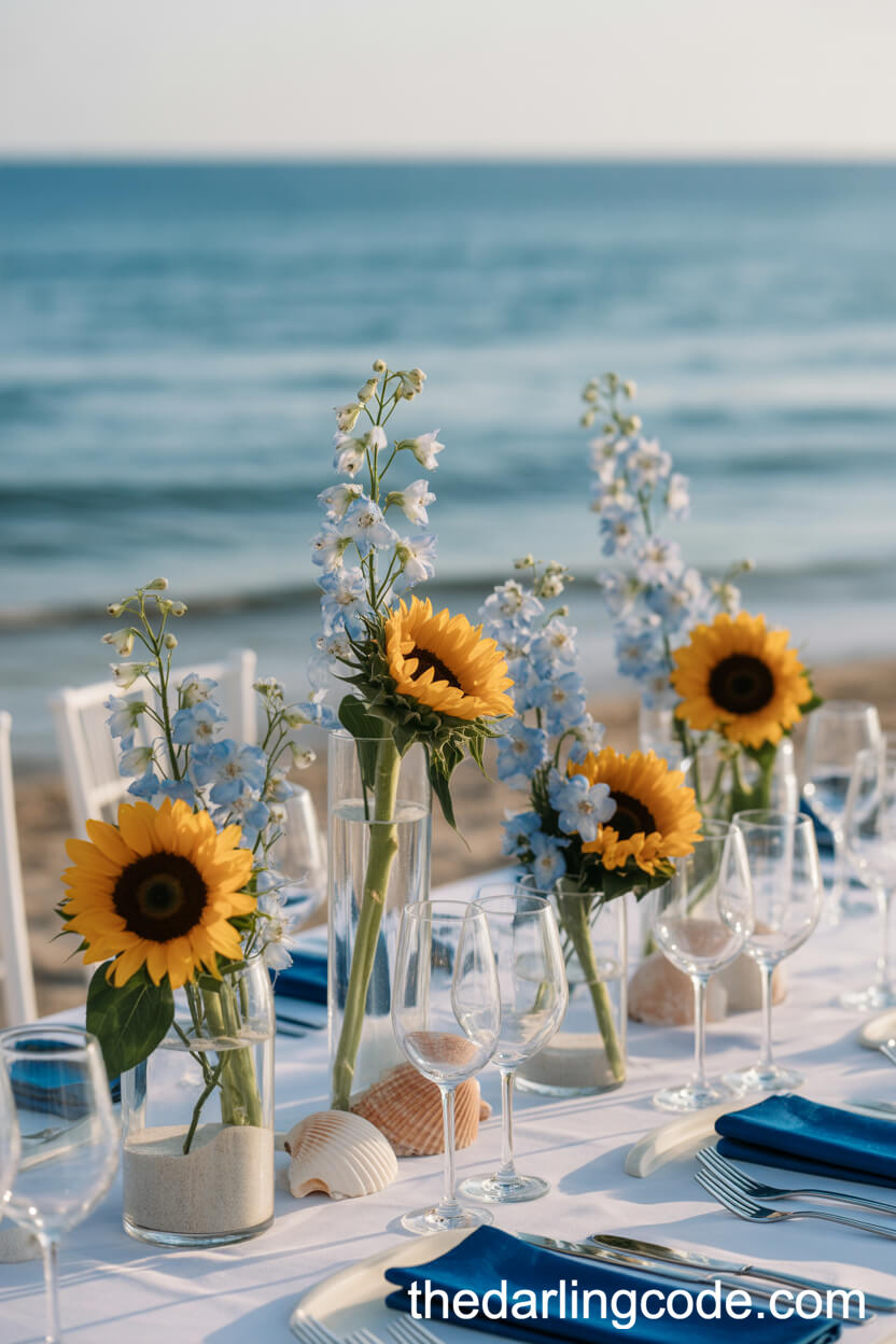 Coastal Wedding Table With Sunflower And Seashell Centerpiece