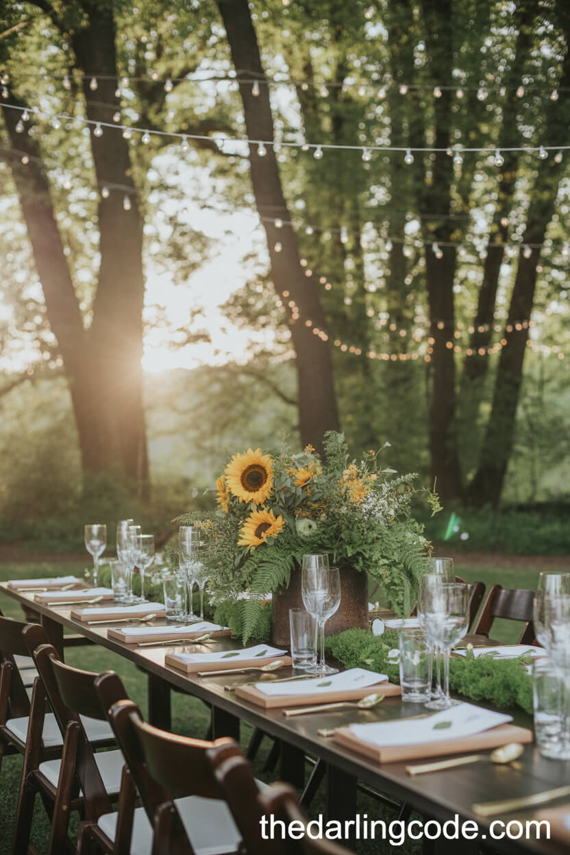 Enchanted Forest Table With Sunflowers, Wildflowers, And Fern Centerpieces