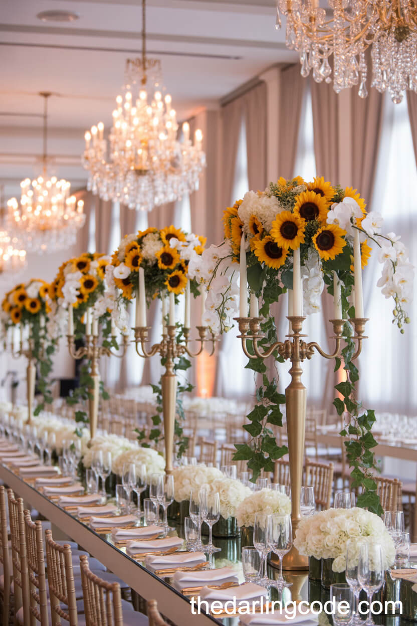 Grand Ballroom Table With Sunflower And Orchid Candelabra Centerpiece