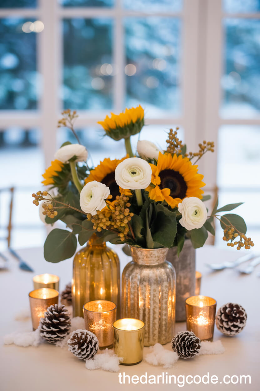 Winter Reception Table With Sunflower, Ranunculus, And Golden Accents