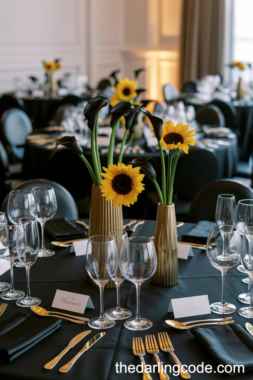 Elegant Black And Gold Tables With Artistic Sunflower Arrangements