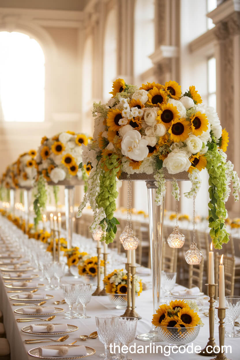 Extravagant Glass Candelabrum Centerpiece Overflowing with Sunflowers