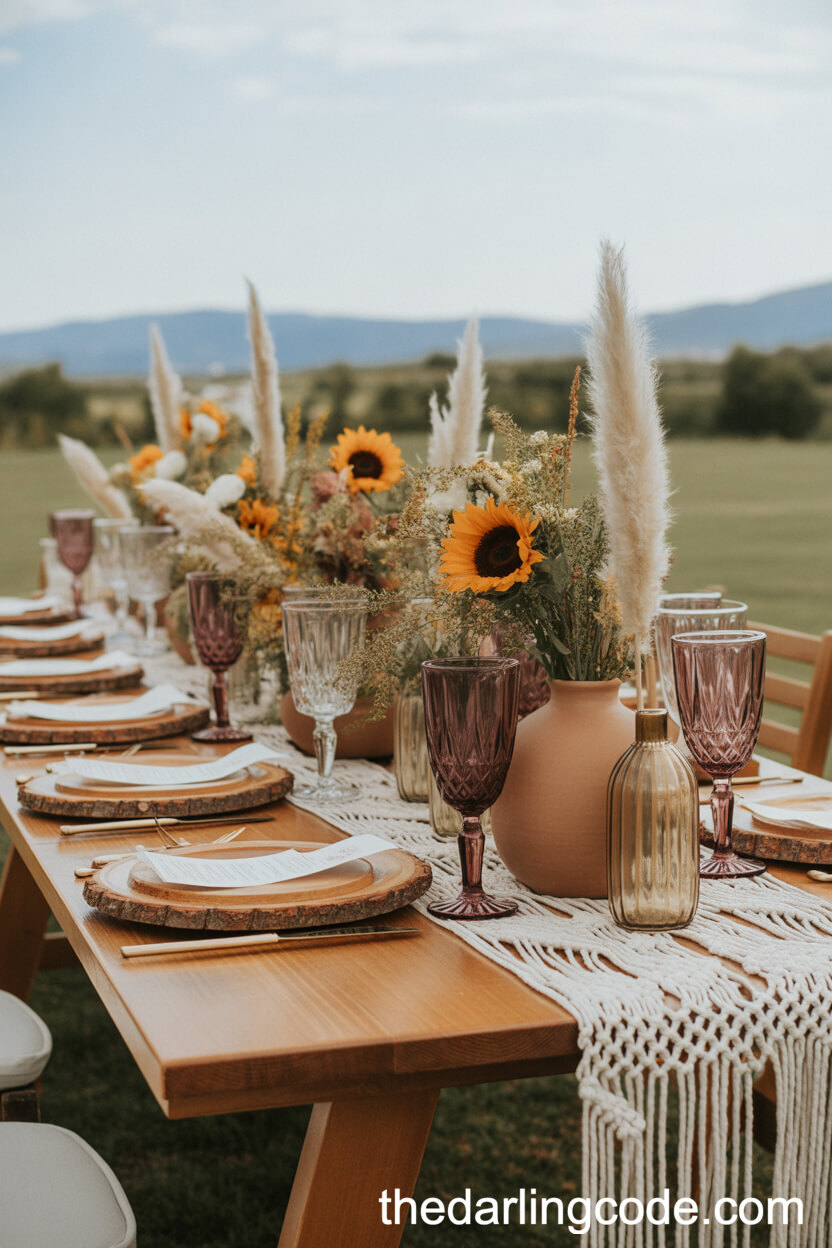Boho Outdoor Wedding Table With Sunflower, Pampas Grass, And Macramé Decor