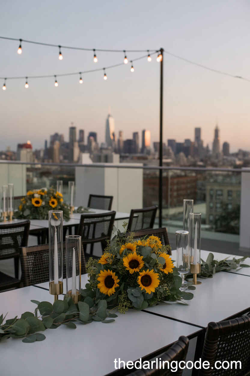 City Rooftop Tables With Minimalist Sunflower And Eucalyptus Centerpieces