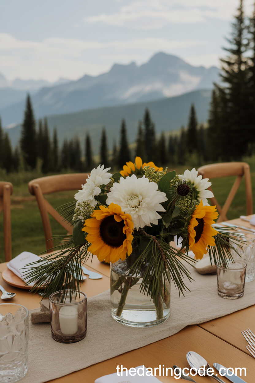 Mountain Lodge Table With Sunflower Dahlia And Pine Branch Arrangements