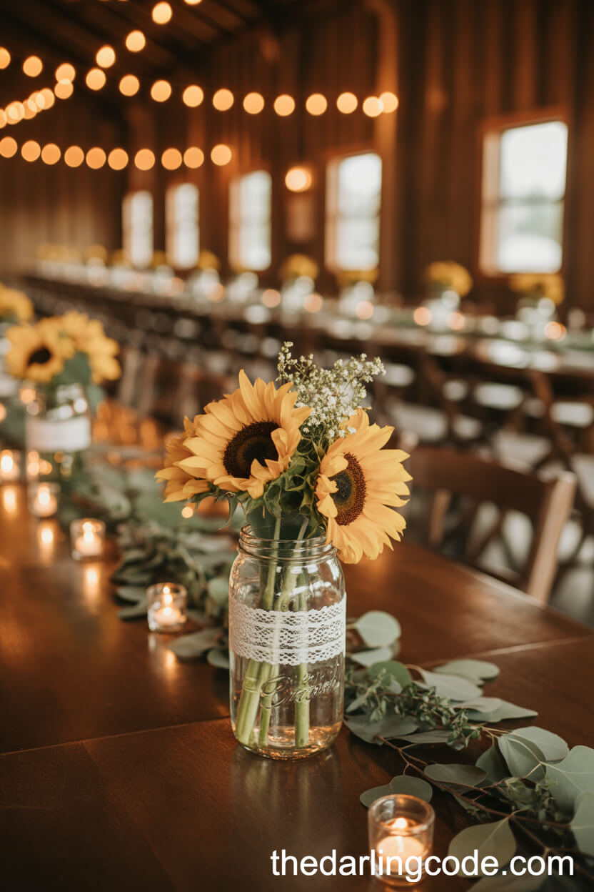 Rustic Barn Tables Adorned With Sunflower Mason Jar Centerpieces