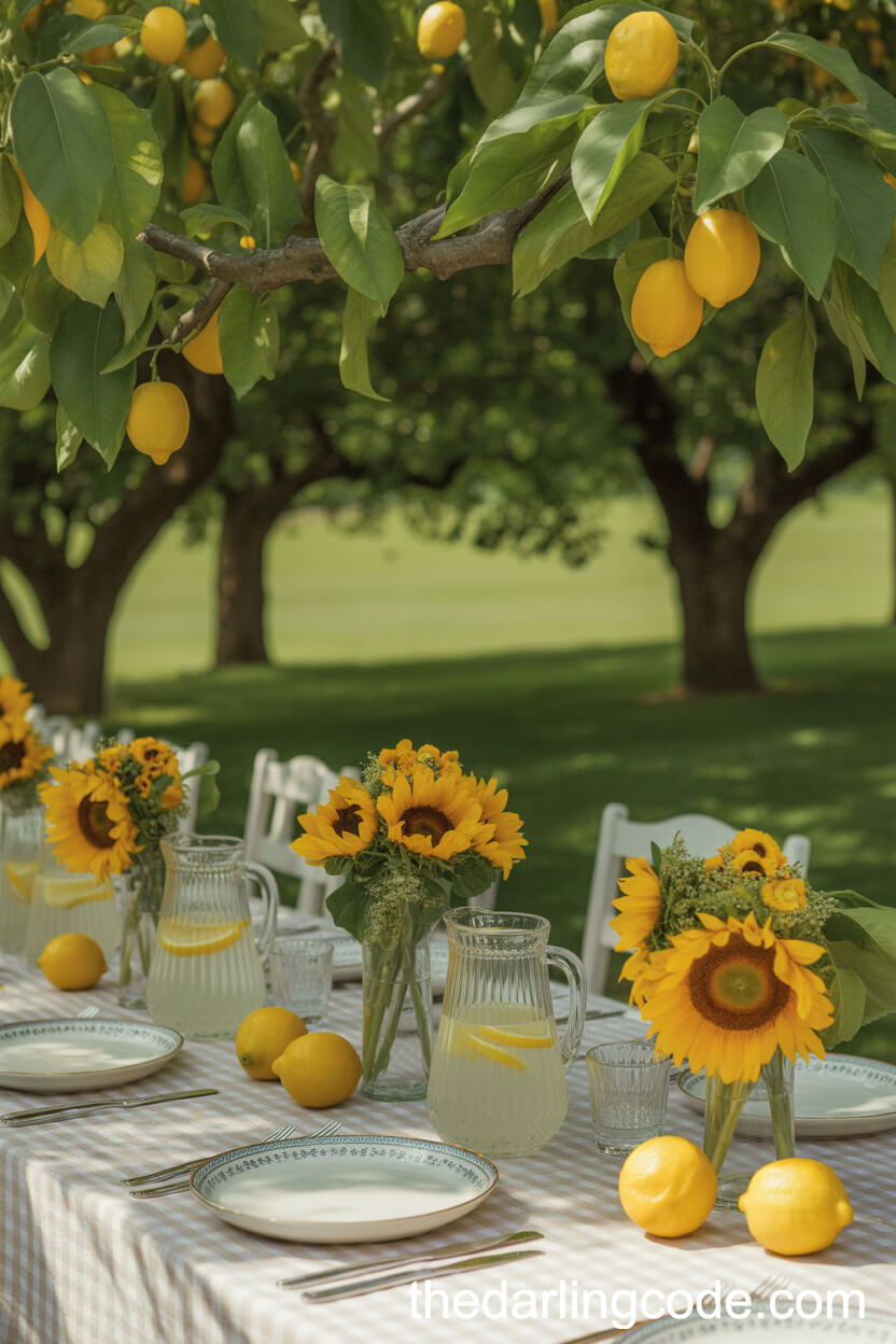 Orchard Wedding Table With Sunflower And Lemon Centerpieces