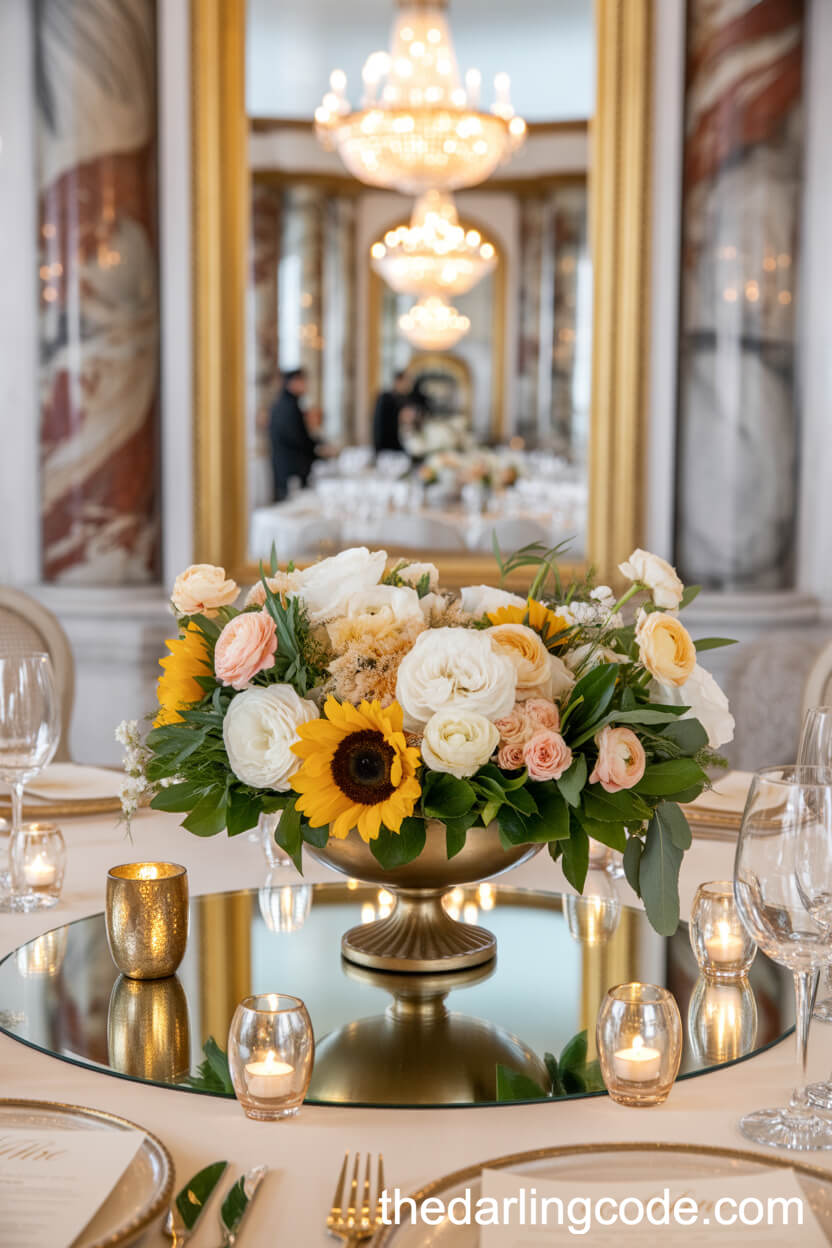 Ballroom Reception Table With Lavish Sunflower And Peach Floral Arrangement