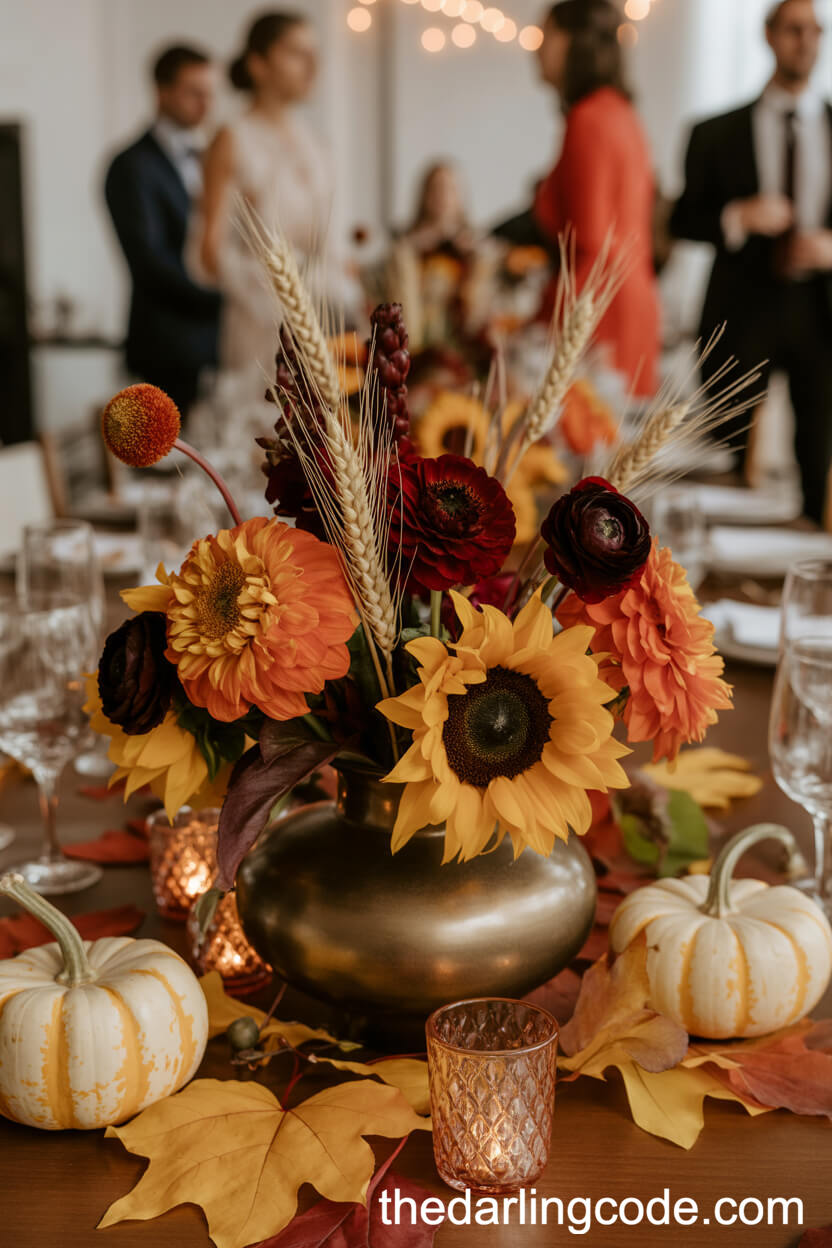 Autumn Wedding Table Centerpiece With Sunflowers And Rich Fall Florals