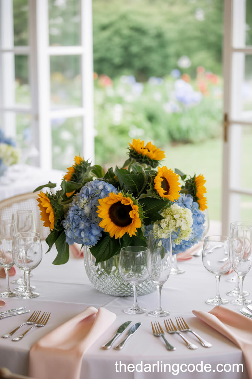 Spring Reception Table Featuring Sunflowers And Blue Hydrangea Centerpiece