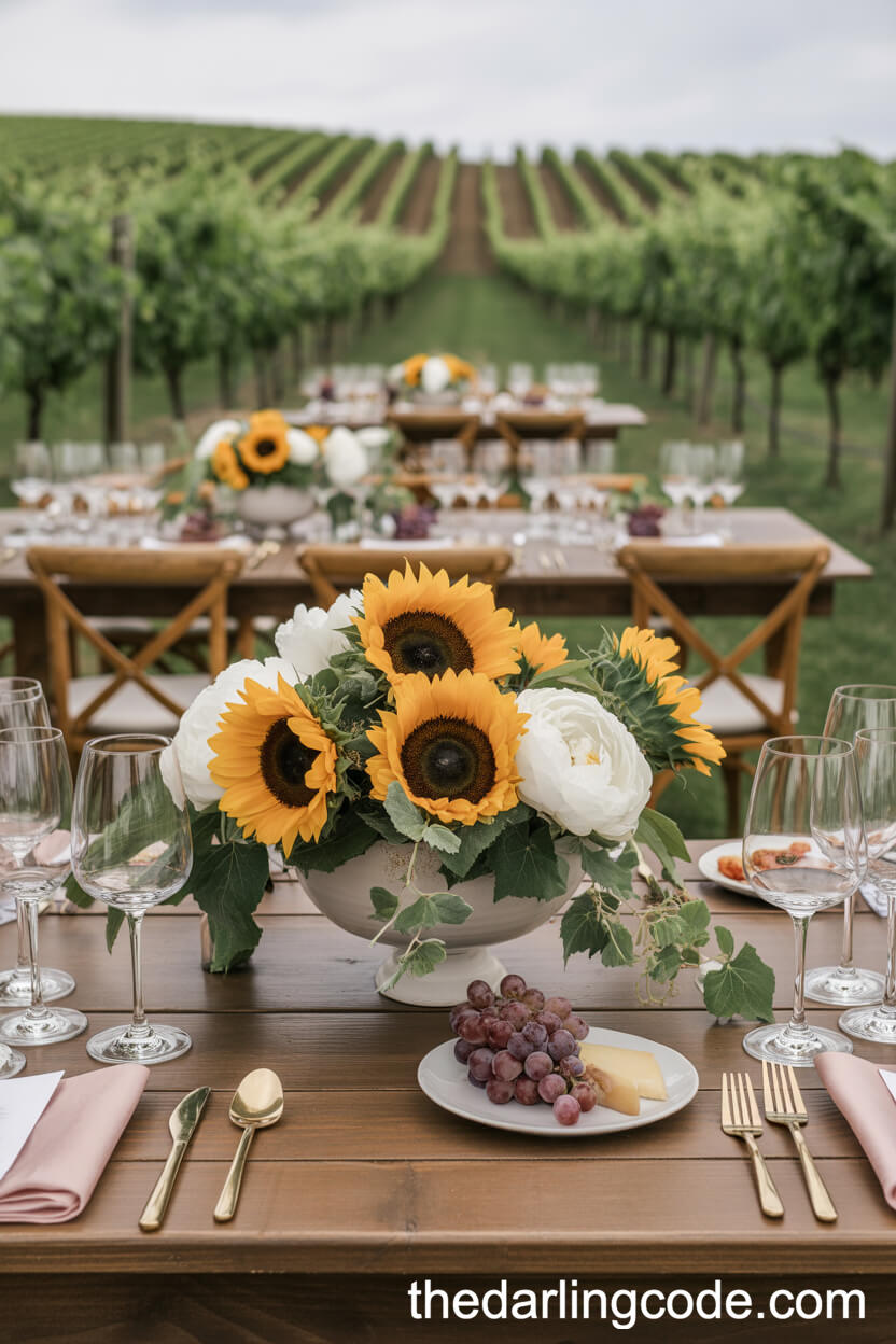 Vineyard Wedding With Sunflower And Peony Centerpieces