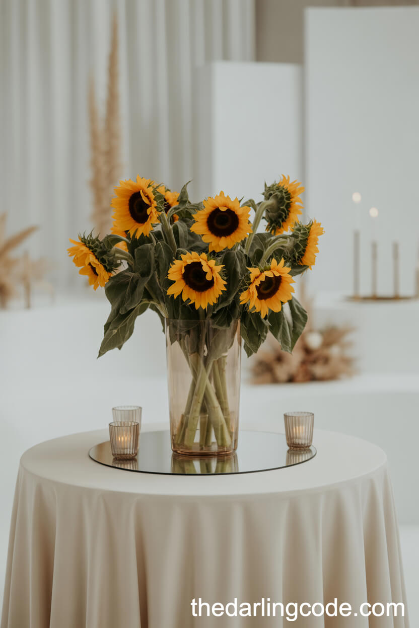 Modern White And Gold Table With Tall Sunflower Centerpiece