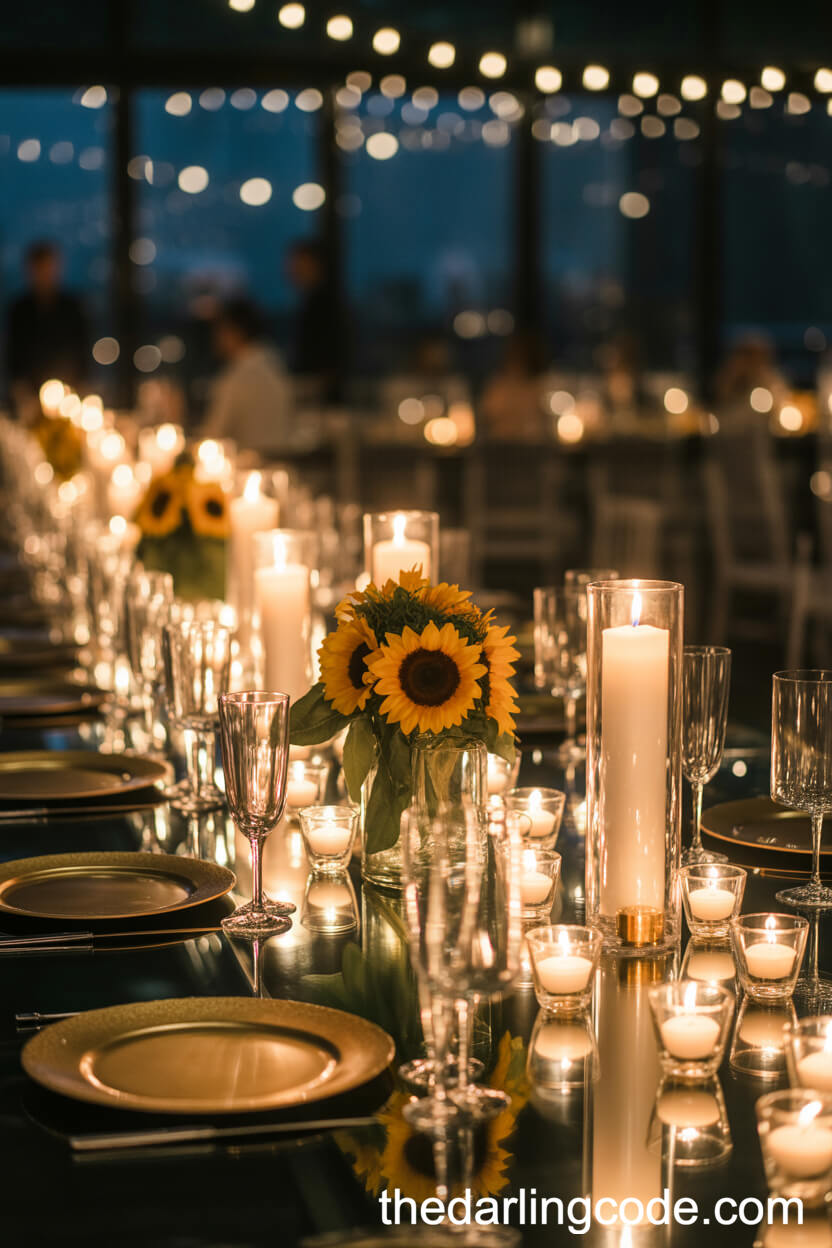 Candlelit Nighttime Table With Sunflower-Focused Centerpiece