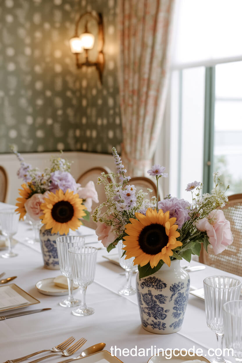 Pastel Parlor Table With Sunflowers And Soft-Colored Blooms