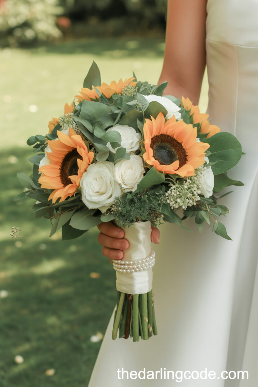Classic Sunflower And White Rose Bridal Bouquet