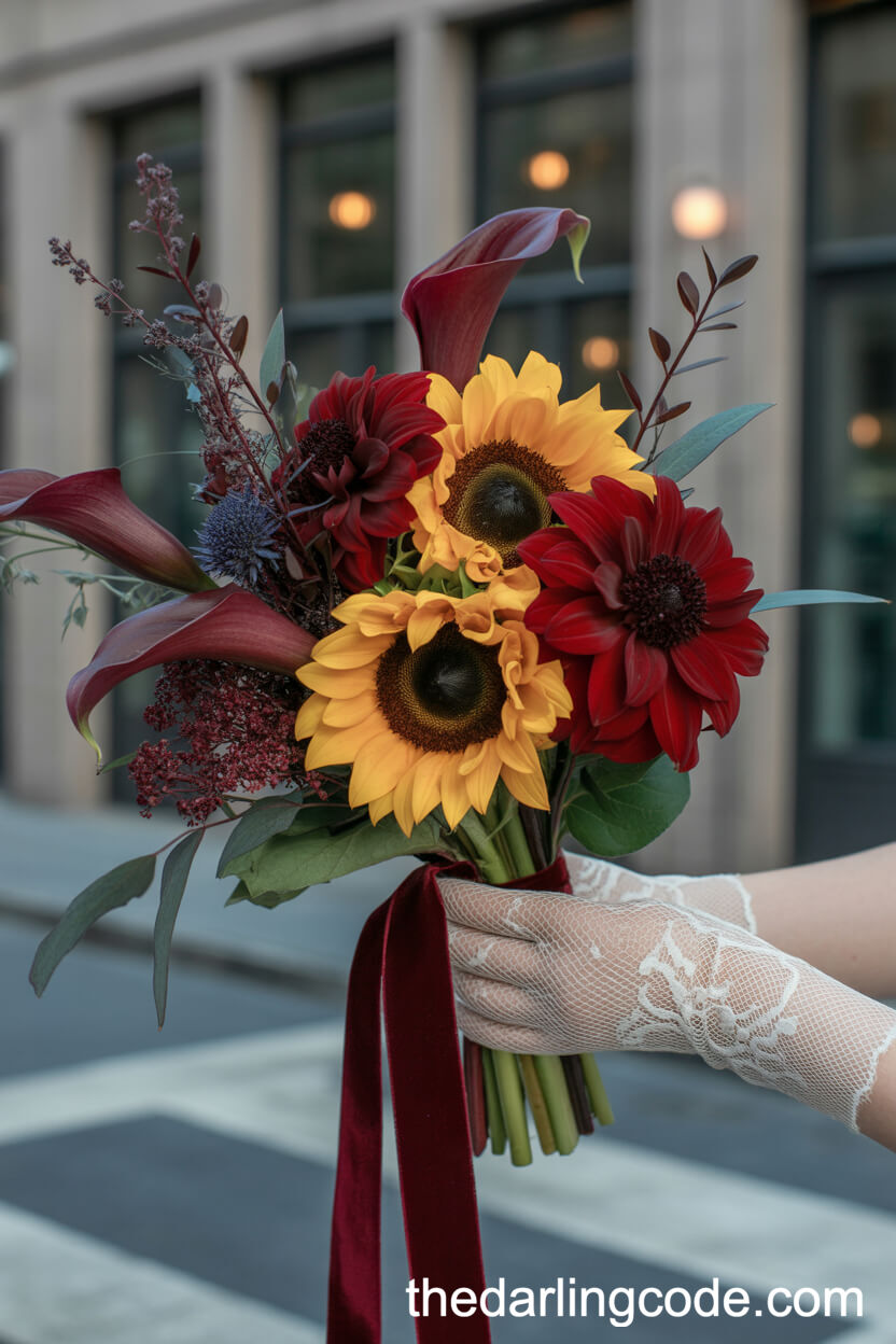 Sunflower And Burgundy Dahlia Wedding Bouquet