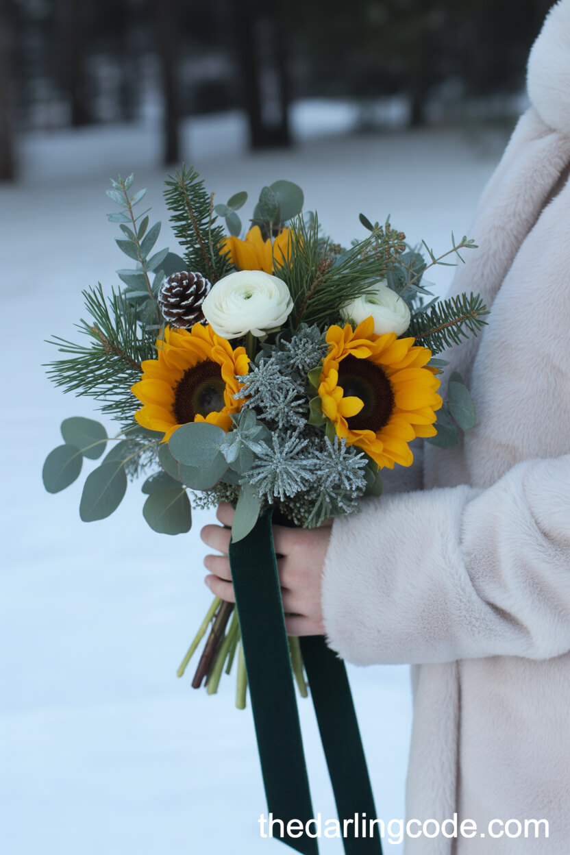 Winter Sunflower And Pinecone Wedding Bouquet