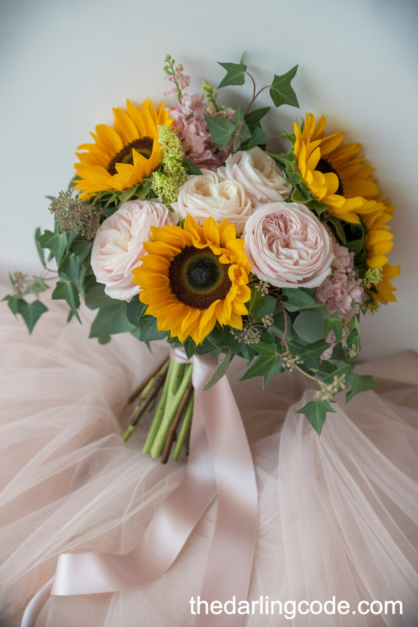 Romantic Sunflower And Blush Rose Bouquet