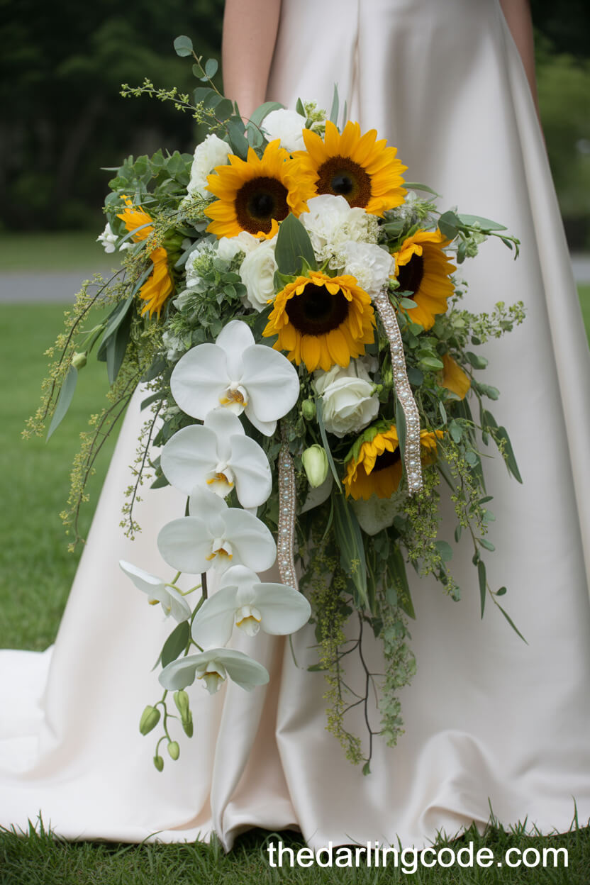 Cascading Sunflower And Orchid Bridal Bouquet