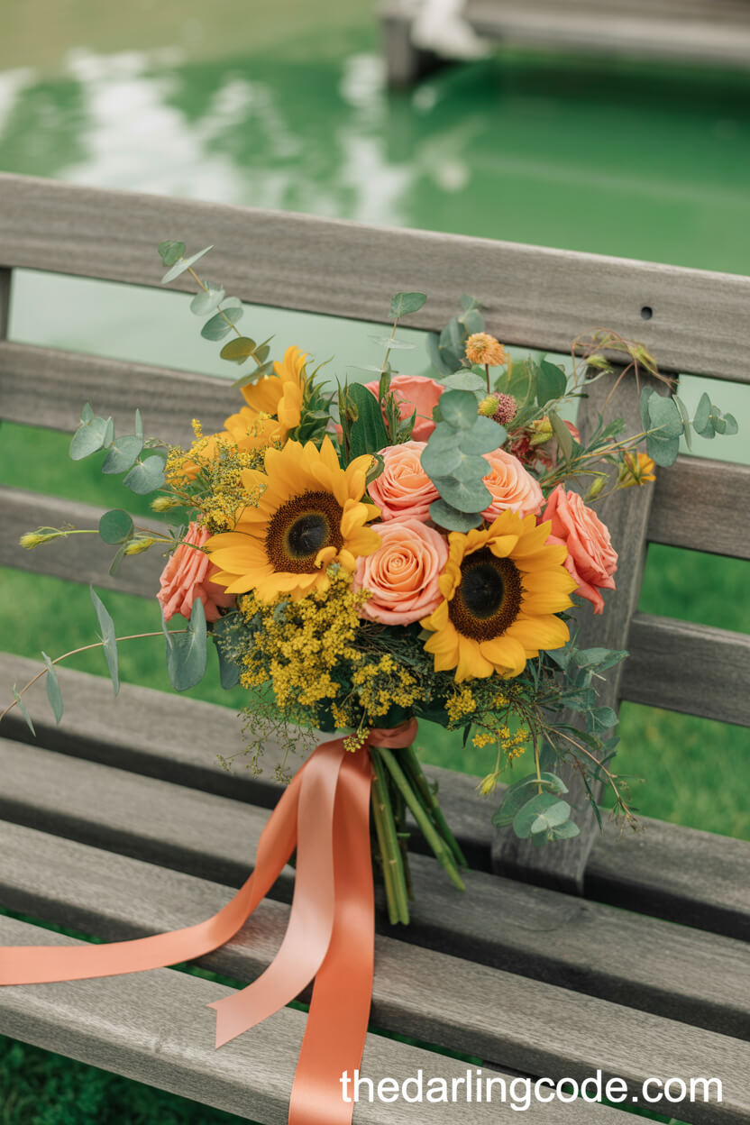 Sunflower And Coral Rose Wedding Bouquet