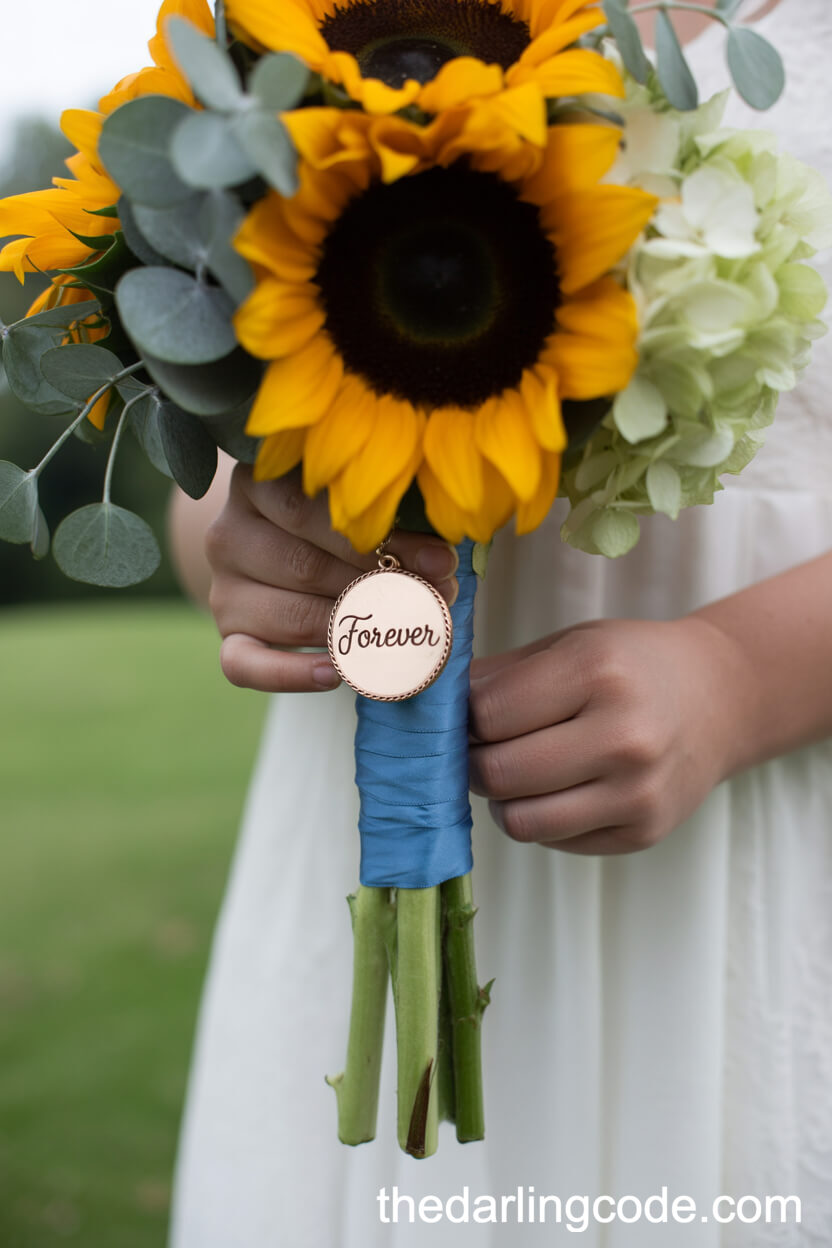 Sunflower And Hydrangea Bouquet With “Forever” Charm
