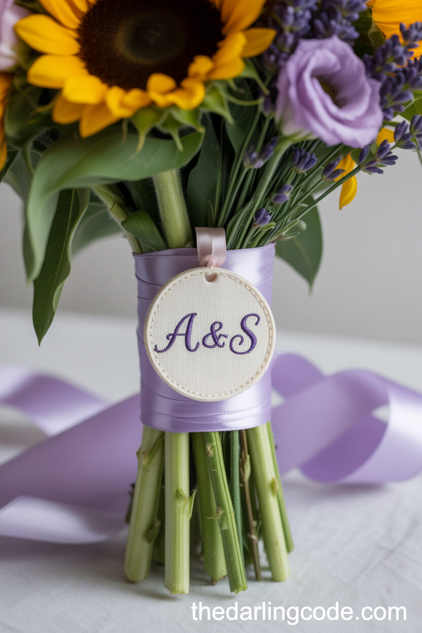 Sunflower, Lavender, And Lisianthus Bouquet With “A&S” Tag