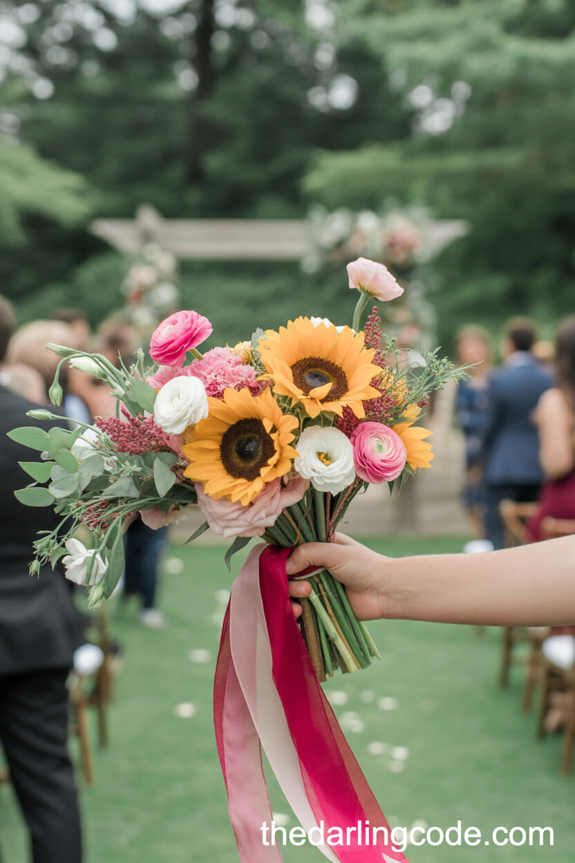 Joyful Sunflower And Pink Ranunculus Wedding Bouquet