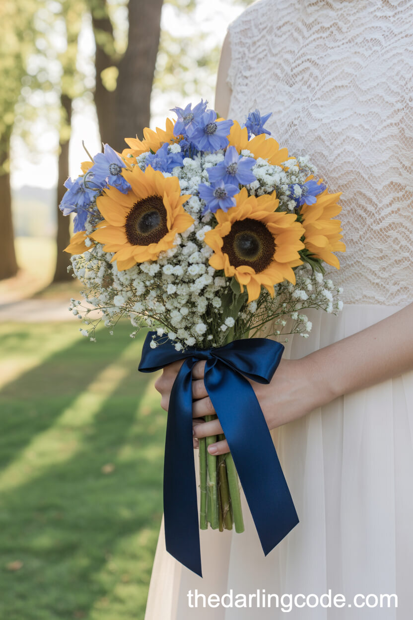 Sunflower And Blue Delphinium Wedding Bouquet