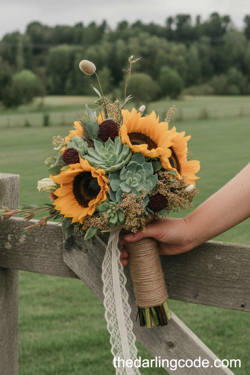Rustic Sunflower And Succulent Wedding Bouquet