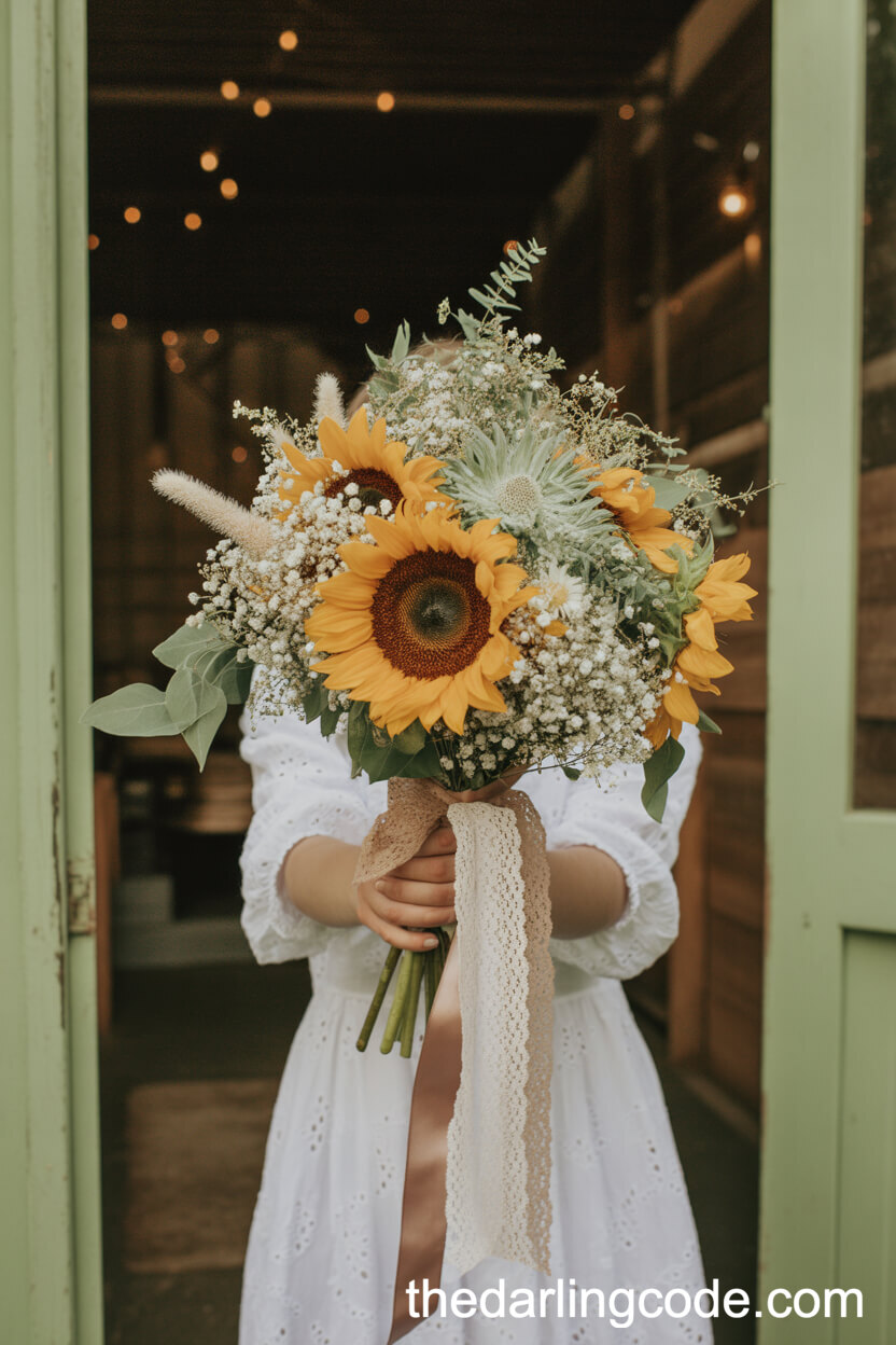 Sunflower, Baby’s Breath, And Lamb’s Ear Bouquet