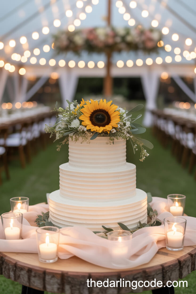 Traditional Three-Tier White Wedding Cake With Sunflower Topper