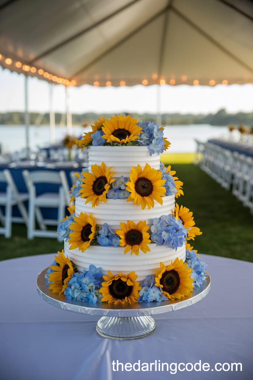 Sunflower And Blue Hydrangea Summer Wedding Cake