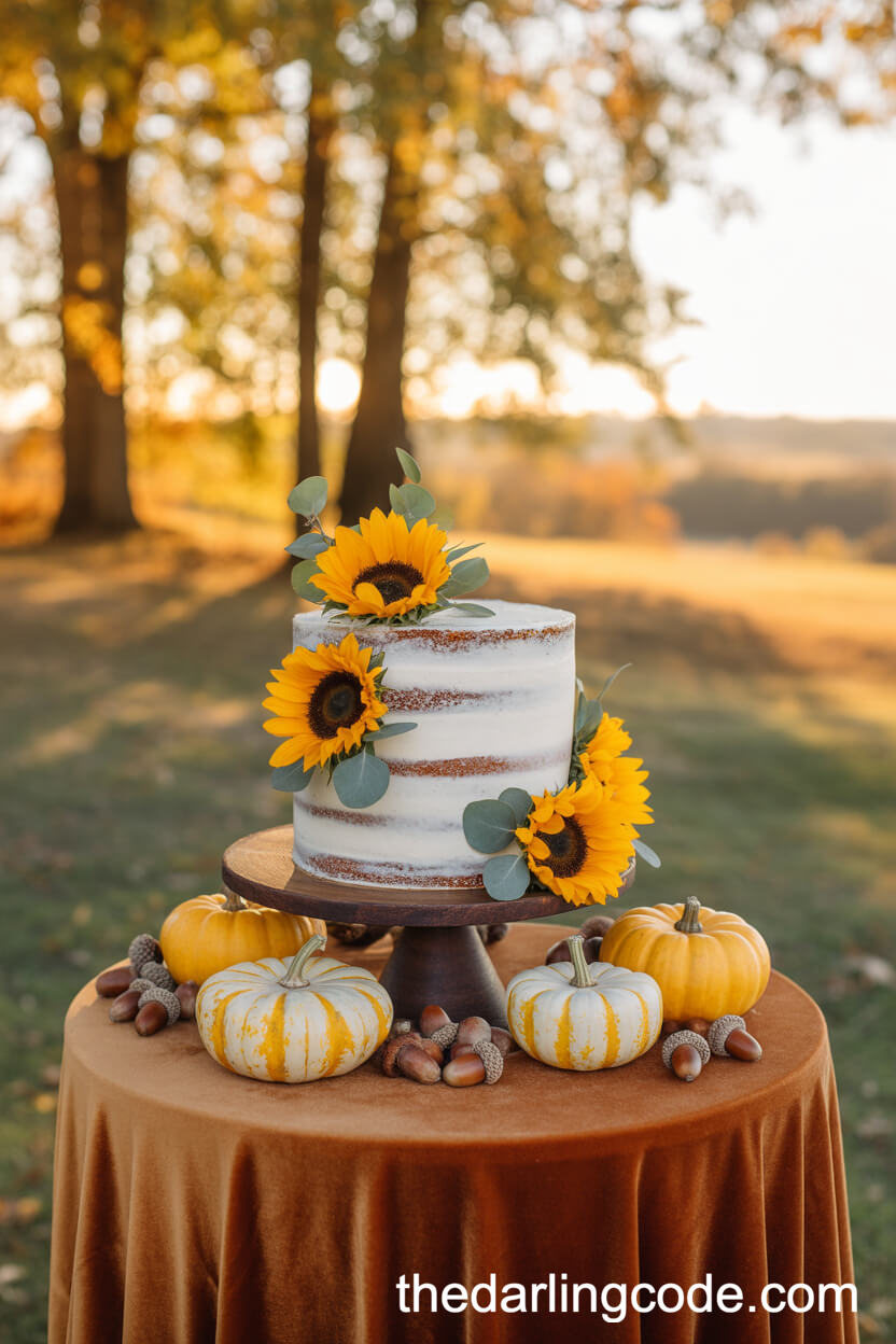 Rustic Sunflower Cake With Eucalyptus And Autumn Touches