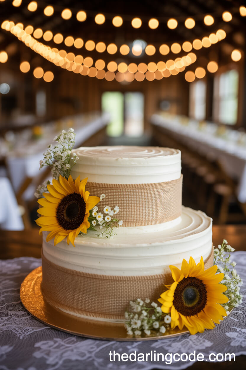 Burlap Ribbon Sunflower Wedding Cake