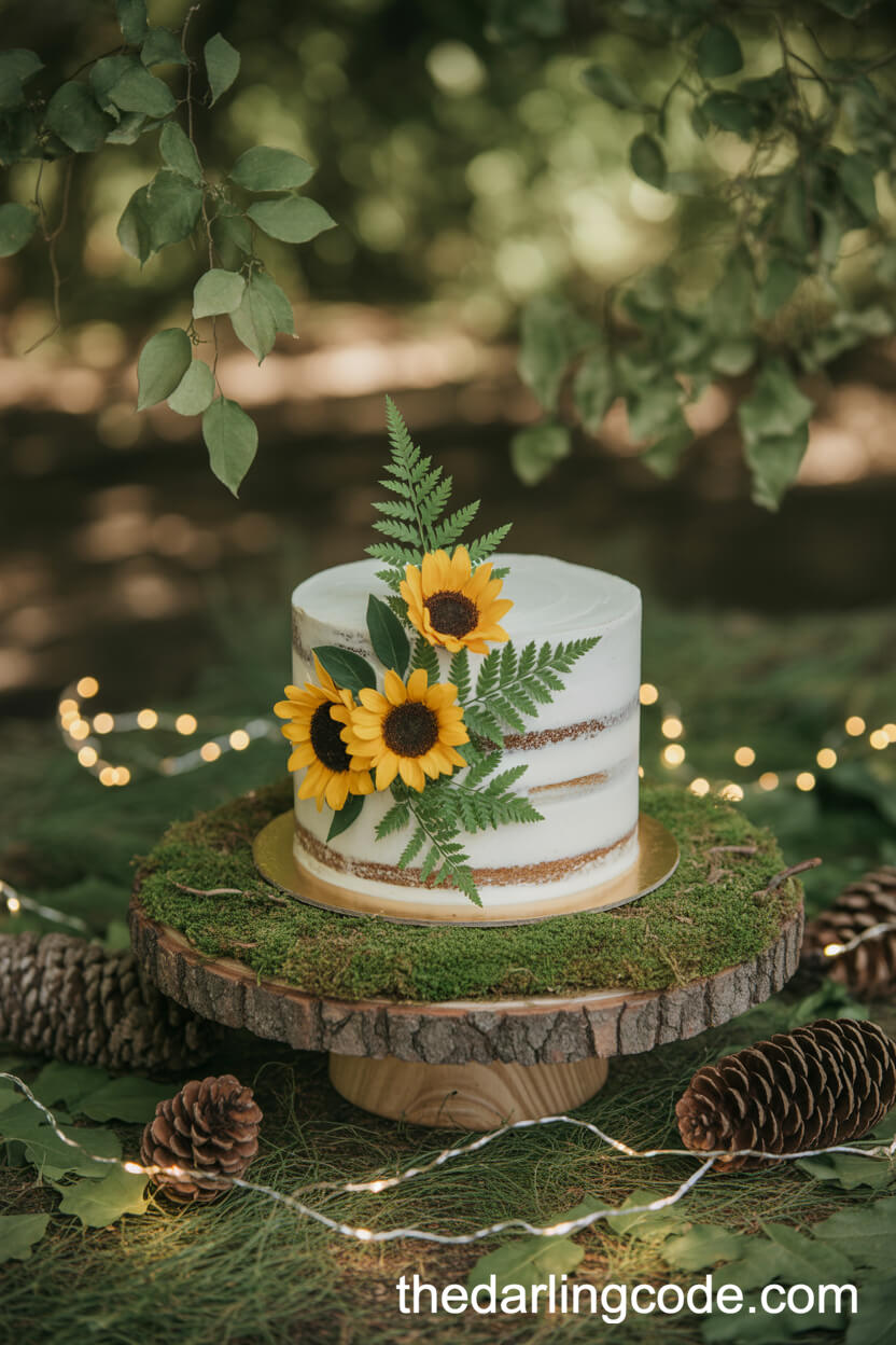 Woodland-Inspired Cake With Edible Sunflowers And Ferns