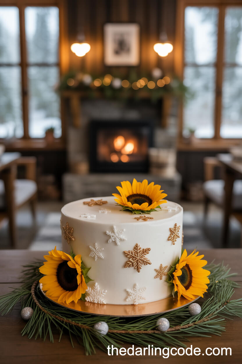 Winter Sunflower Cake With Edible Snowflakes And Silver Accents