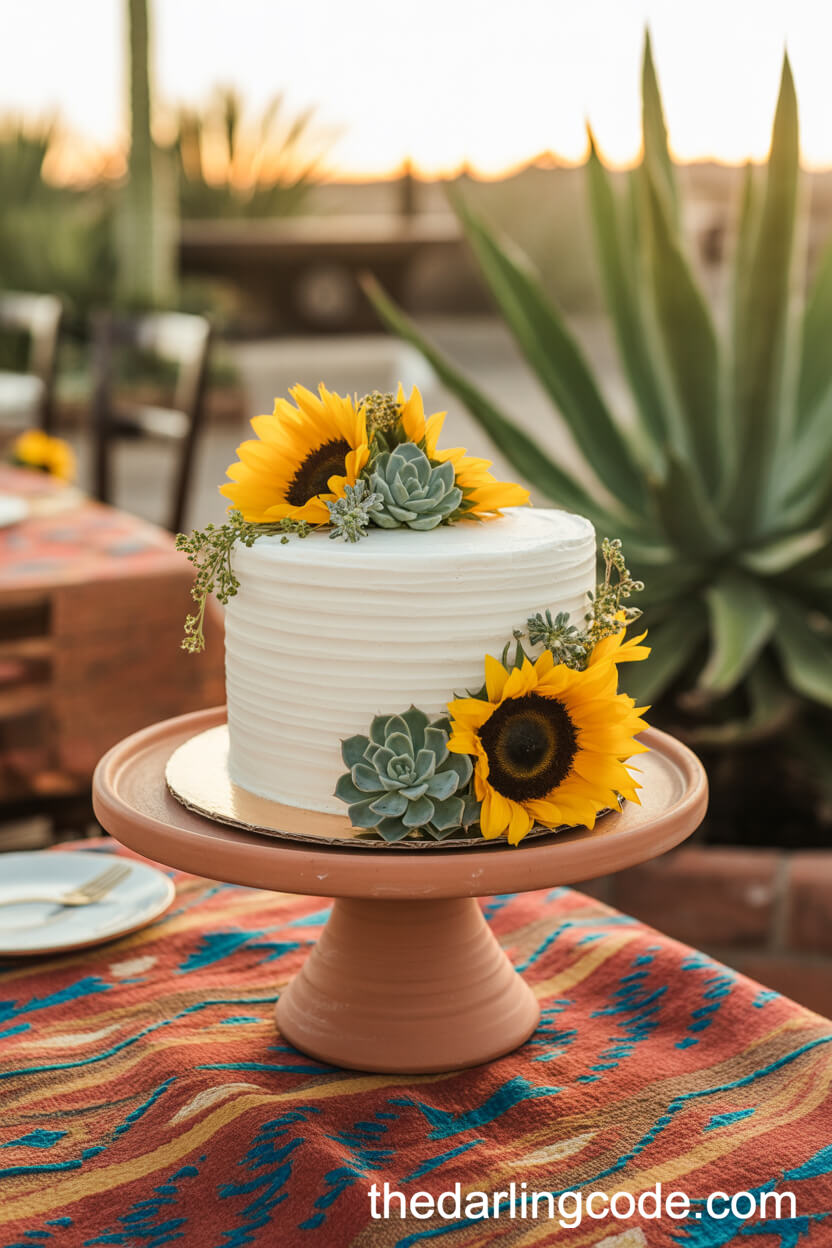 Sunflower And Succulent Wedding Cake On Terra Cotta Stand