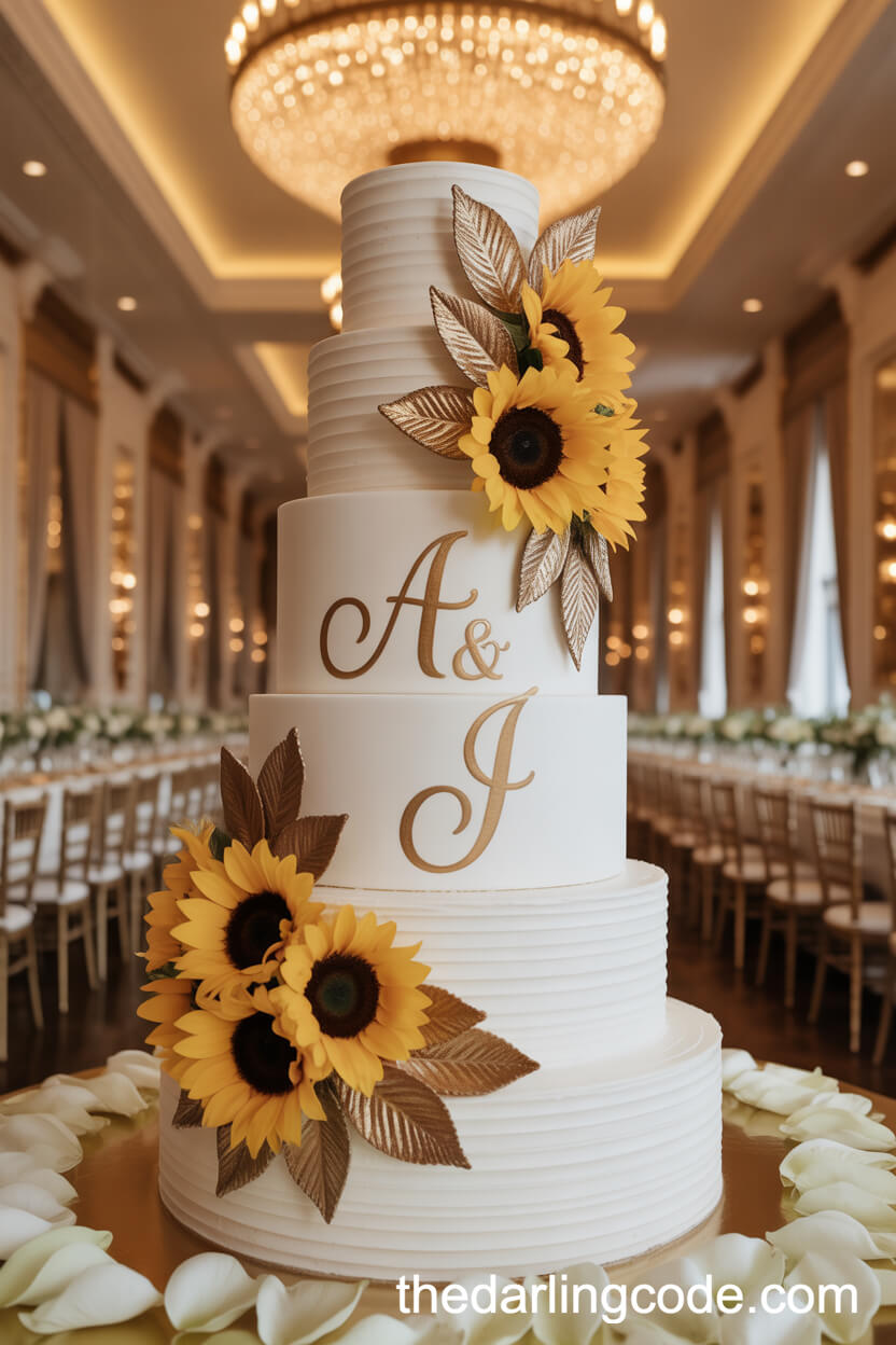 Sunflower Wedding Cake With Golden Monogram